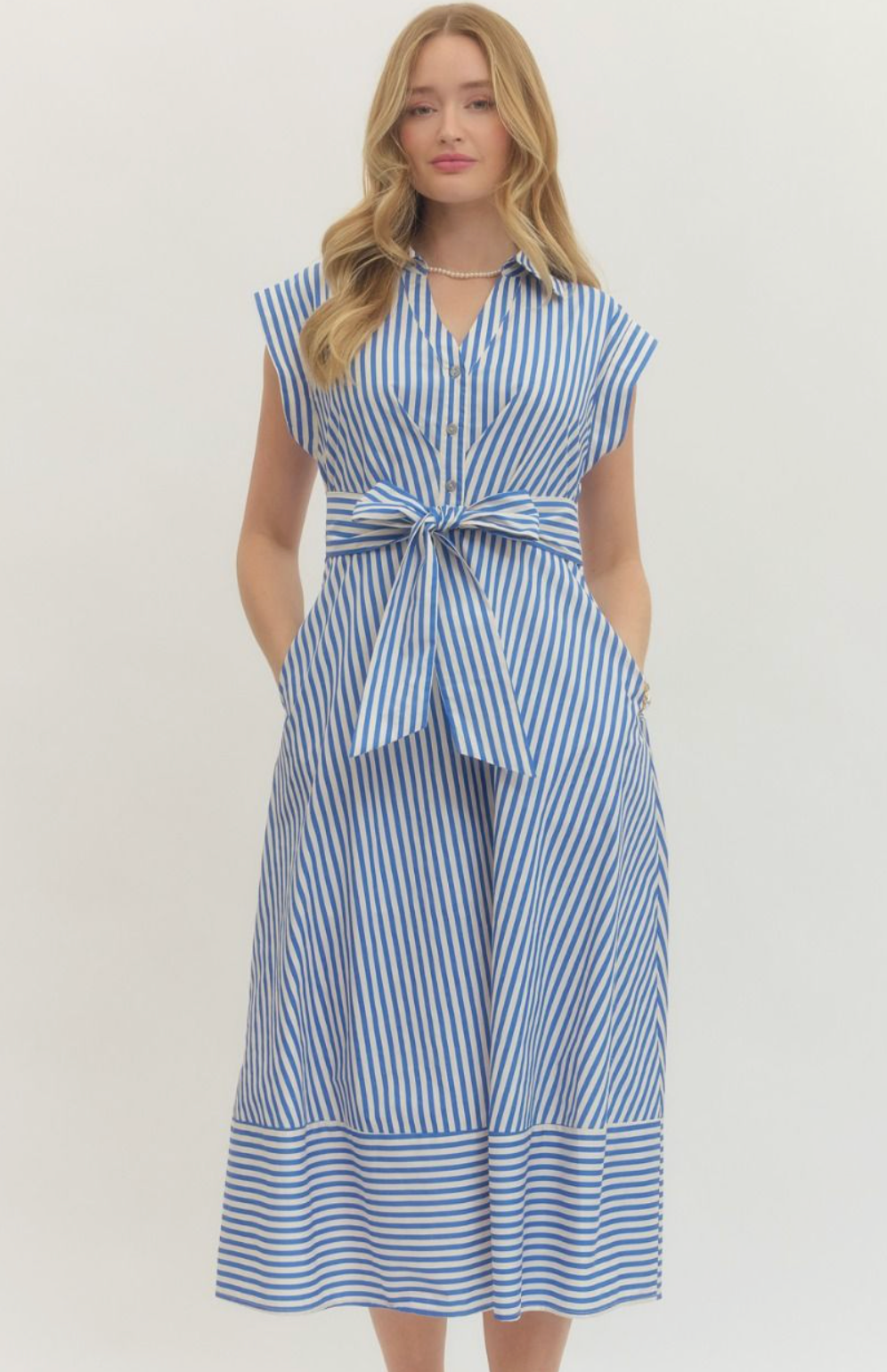 navy stripe midi dress Donna Striped Cap Sleeve Midi Dress Navy / M