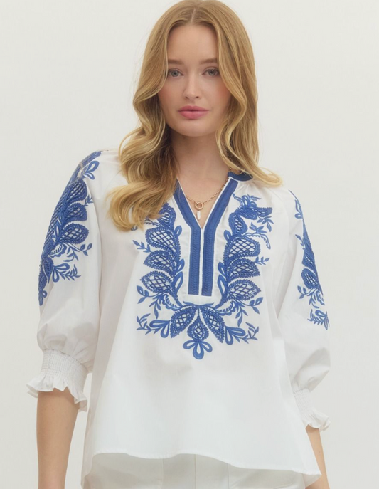 Blue and White Embroidery Top