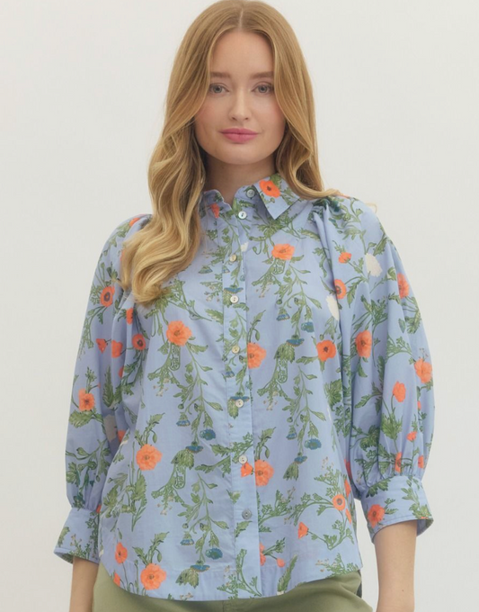 Blue Floral 3/4 Top