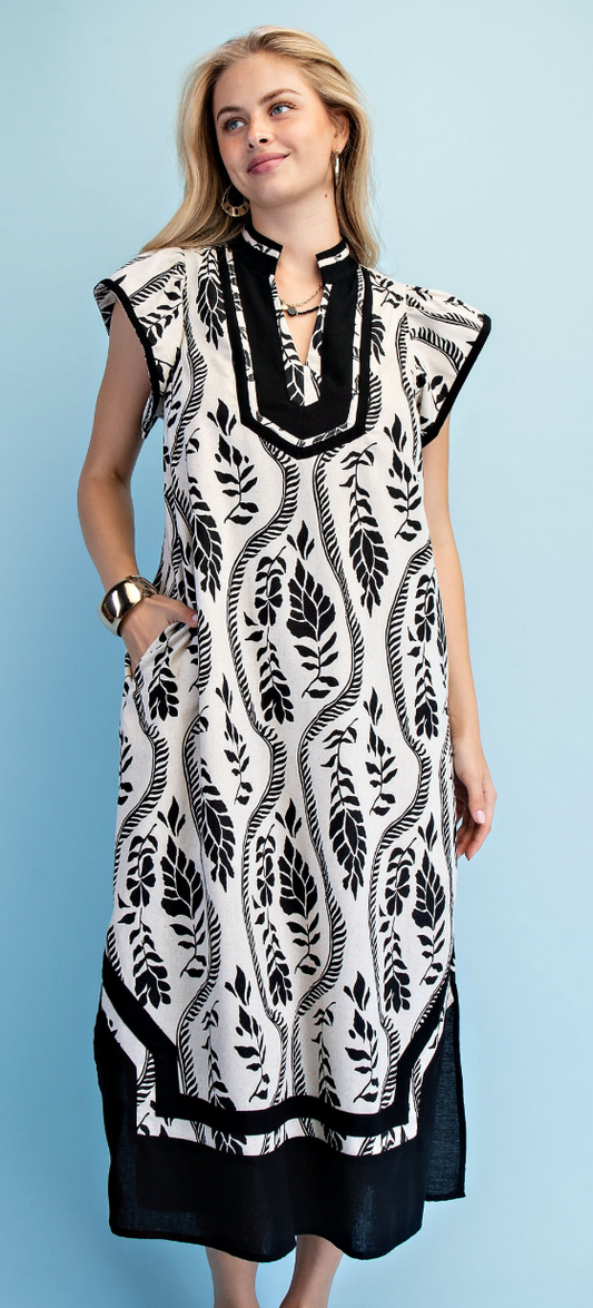 Printed Linen V-neck Midi Dress- Black
