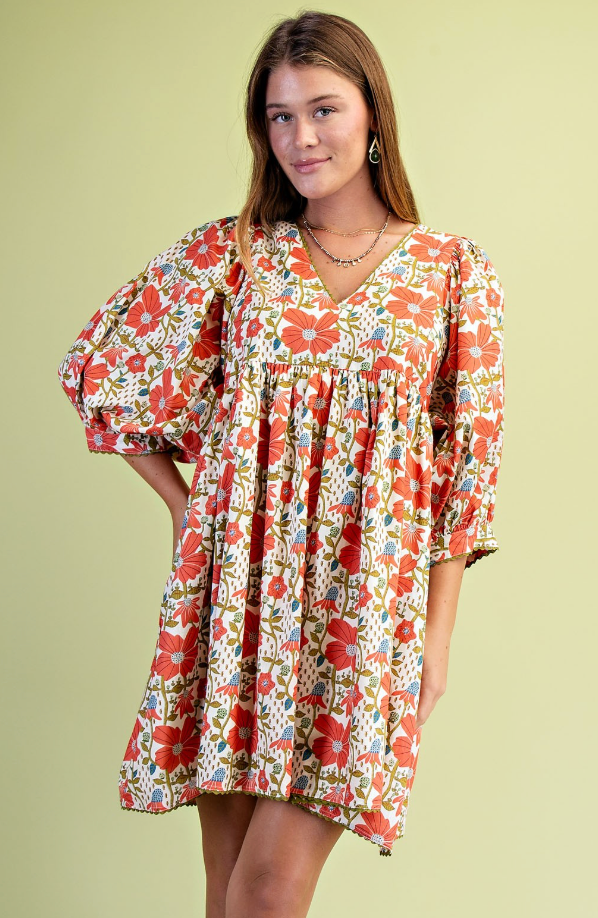 Floral Print Mini Dress- Coral