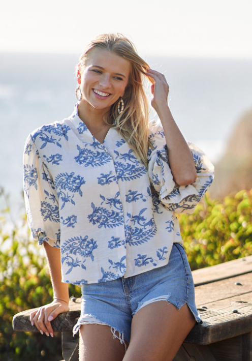 Botton Down Blouse With 3/4 Length Balloon Sleeves-blue