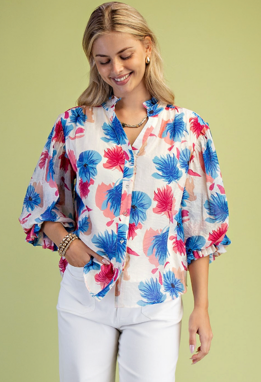 Bright Floral Printed Button Down Top- Blue Mix