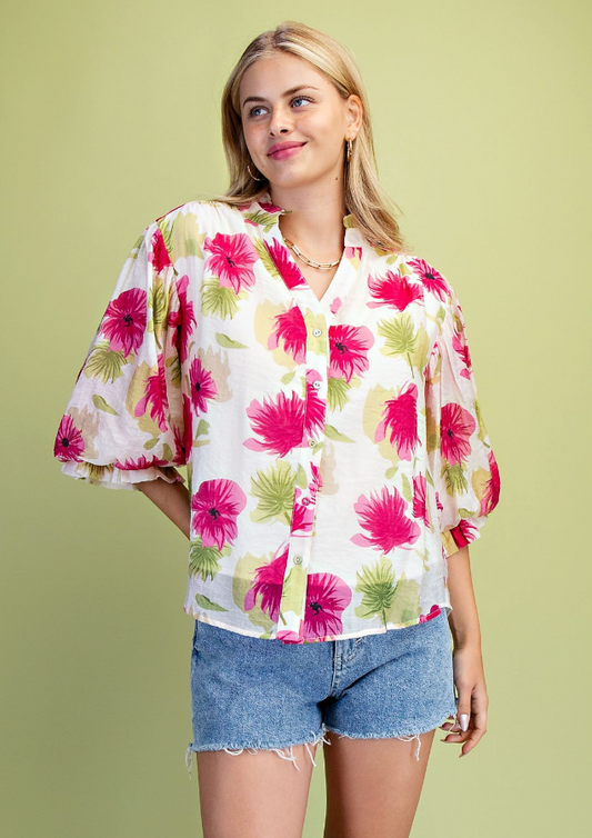 Bright Floral Printed Button Down Top- Strawberry Mix