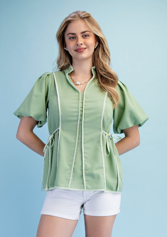 Linen Blouse With Striped Binding Details- Apple Green