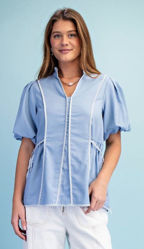 Linen Blouse With Striped Binding Details- Light Blue