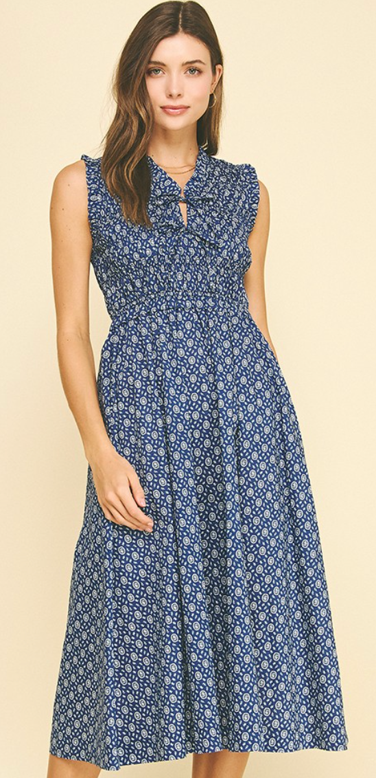 Floral Front-tie Midi Dress-Navy