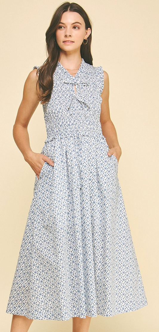 Floral Front-tie Midi Dress-White