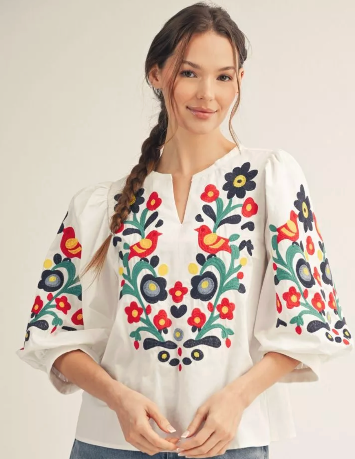 Embroidered Bird Blouse - Off White