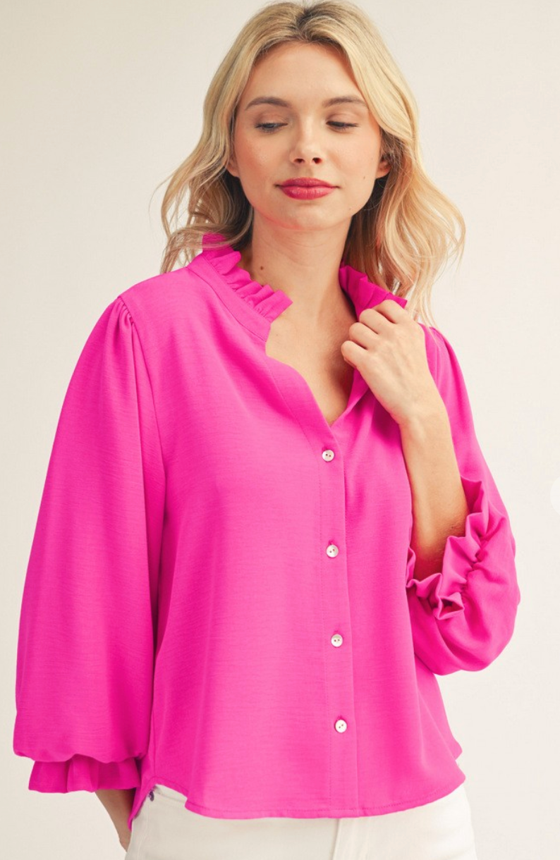 Ruffled Neckline Button Down Crinkle Top- Pink