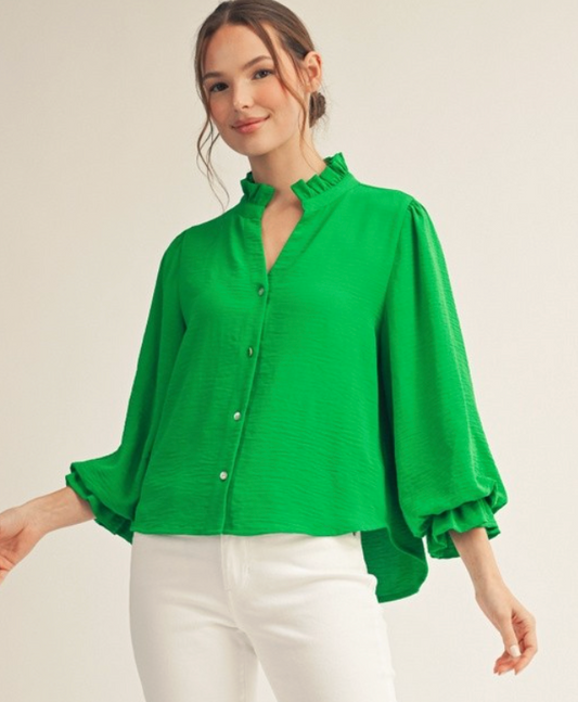 Ruffled Neckline Button Down Crinkle Top- Green