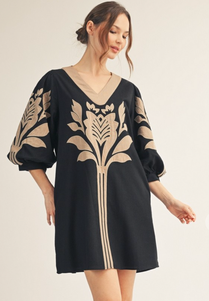 Baroque Floral Applique Shift Dress- Black