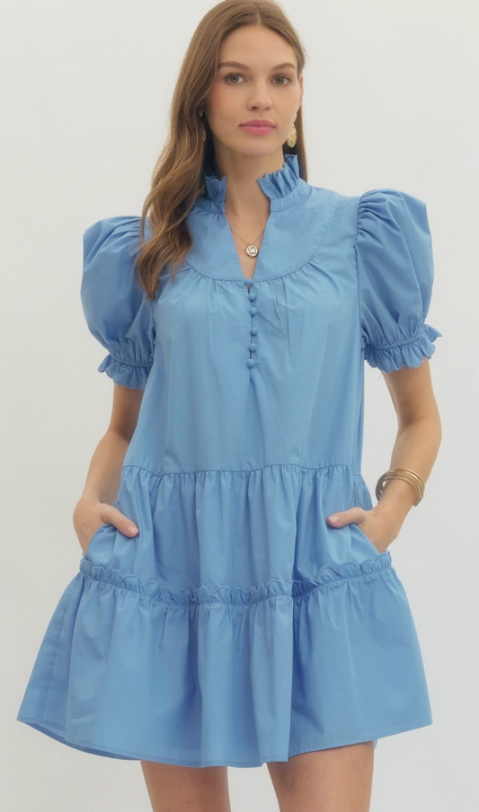 Solid short puff sleeve mini dress- Chambray