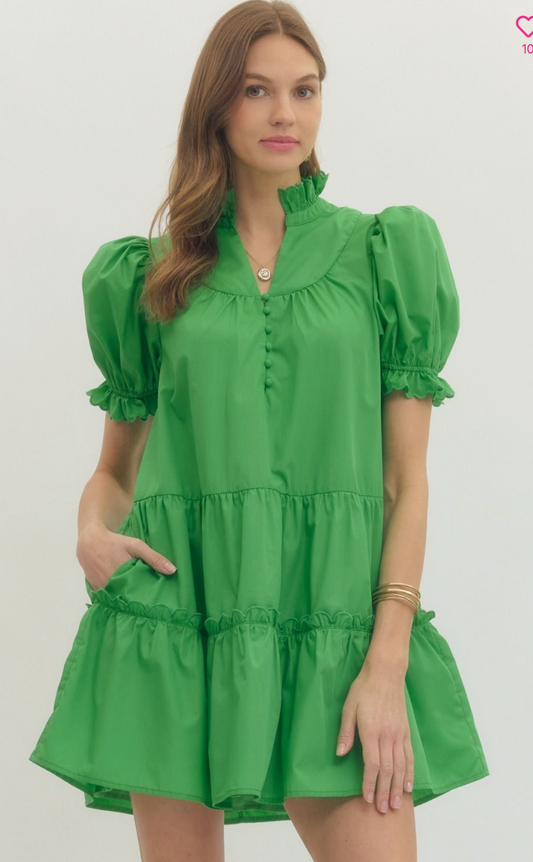 Solid short puff sleeve mini dress- Green