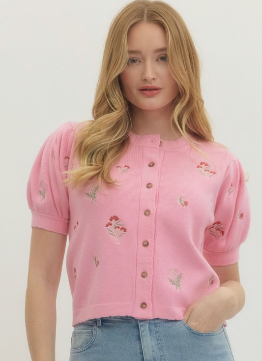 Floral embroidered short puff sleeve knit top