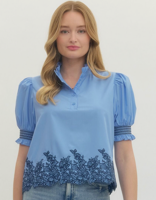 Solid embroidered smocked cuff Top- Blue