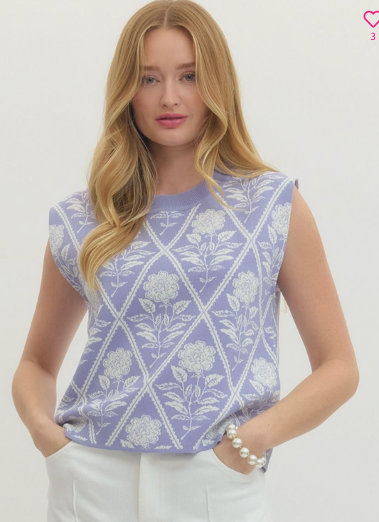 Textured diamond knit sleeveless top- PERIWINKLE
