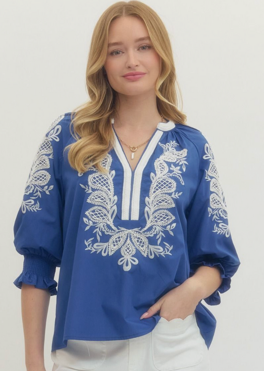 Solid embroidered 3/4 sleeve top- Indigo