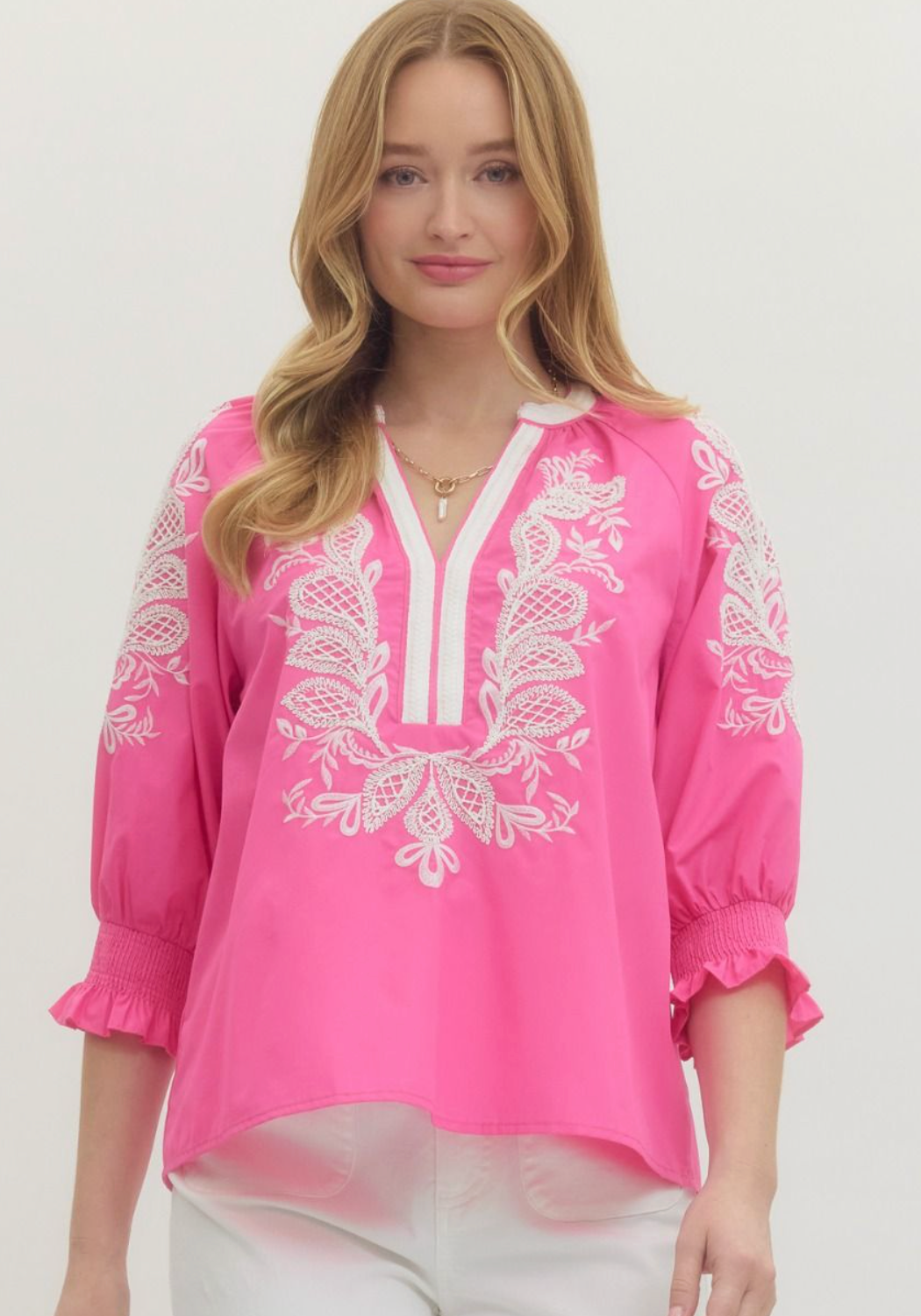 Solid embroidered 3/4 sleeve top- Hot Pink