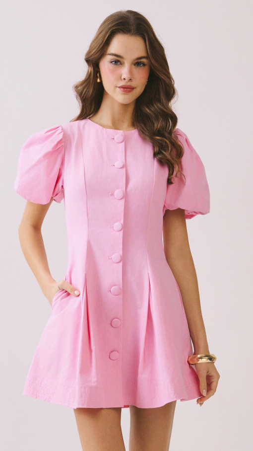 Voluminous Puff Sleeves Covered Button Down Dress - Pink