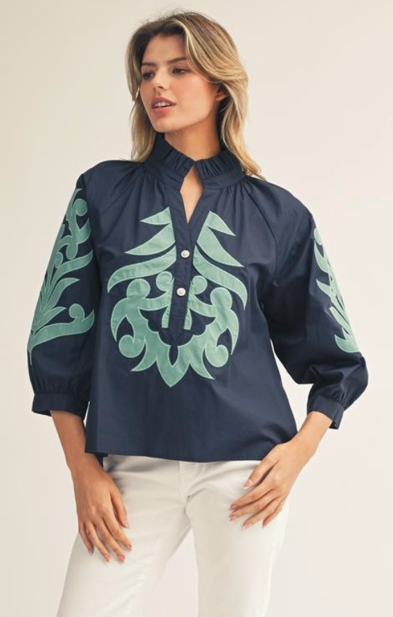 Baroque Applique Detail Top- Navy