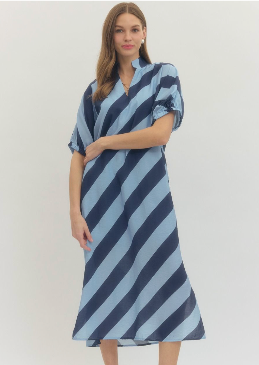 Long Stripped Midi Dress- Navy