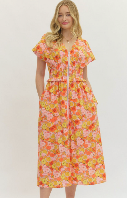 Floral Midi Dress- Orange