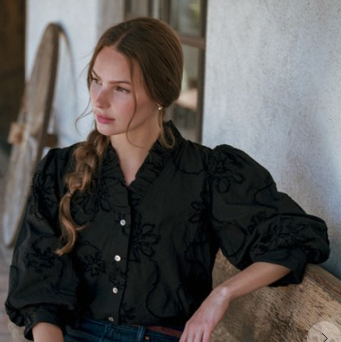 Button Down 3d Floral Top-Black