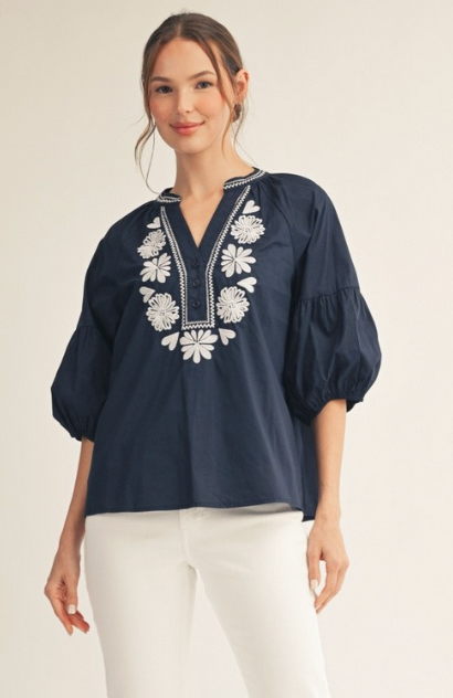 Balloon Sleeves Embroidered Top- navy