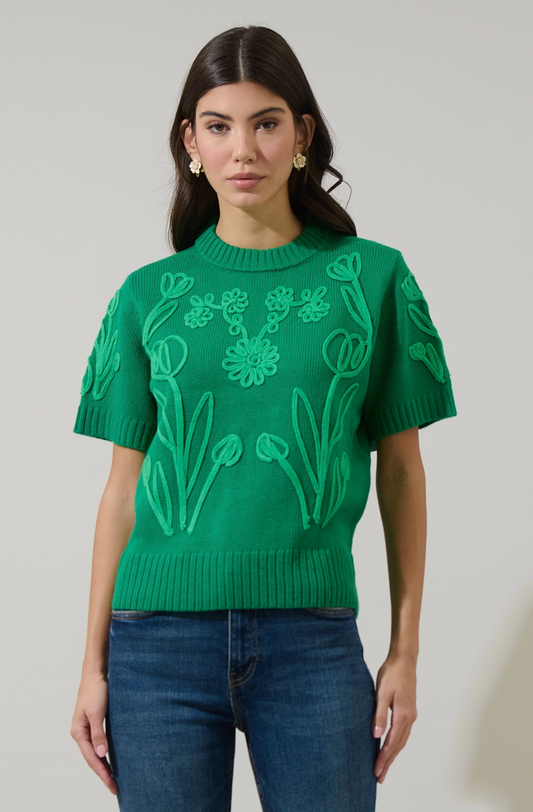 Winsley Floral Embroidered Sweater Top -  Green