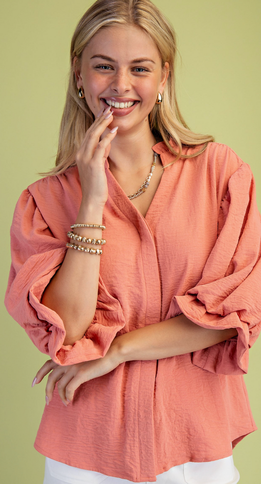 3/4 Length Gathered Balloon Sleeve Blouse- Salmon