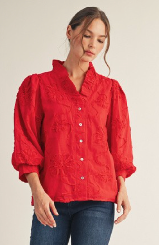 Button Down 3d Floral Top- Tomato Red