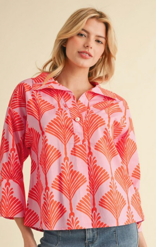 Print 3/4 Sleeves Collar Top- Orange