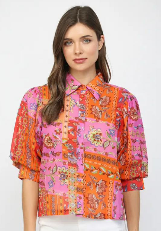 Floral Motif Patchwork Print Blouse