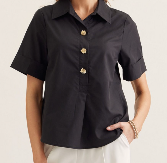 Short Sleeve Black Shirt With Gold Buttons