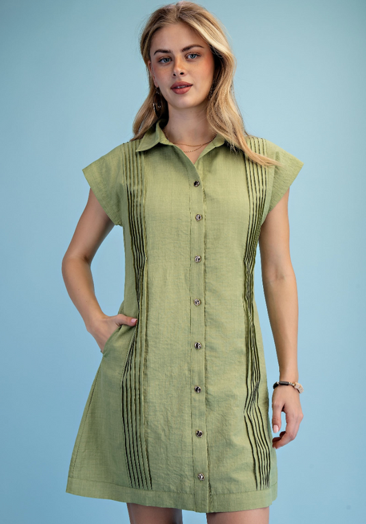 Pin-tuck Detail Mini Shirt Dress