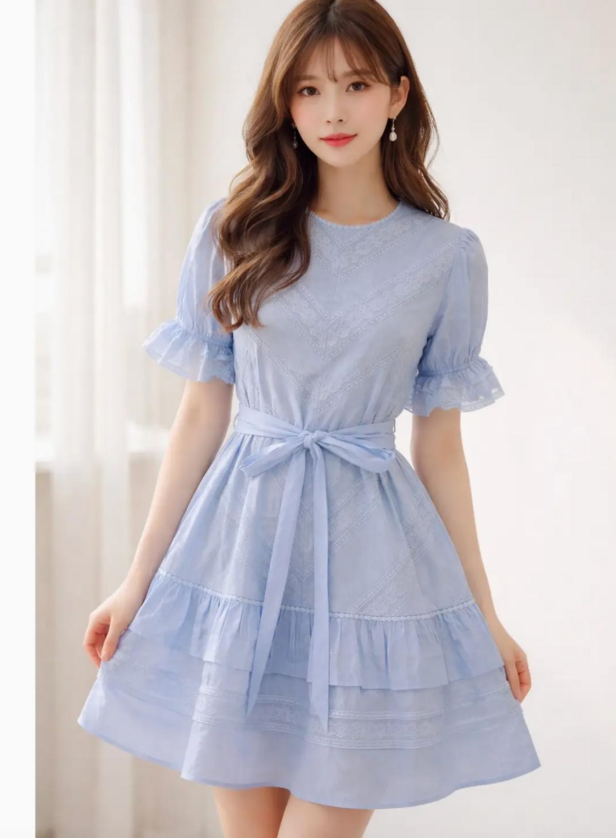 light blue tiered dress Lace Trimmed Tie Waist Size:Size 20 Dusty Pink Black MOB Dresses | Midi dress back tie and fully