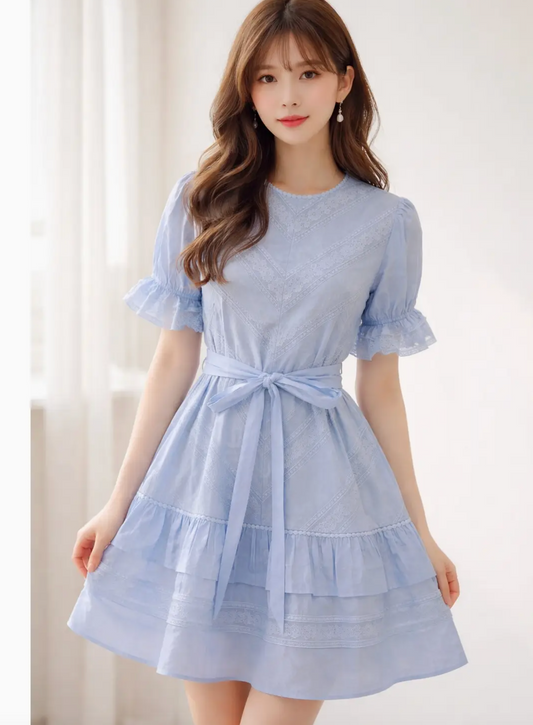 Lace Trimmed Tie Waist Tiered Dress - Light Blue