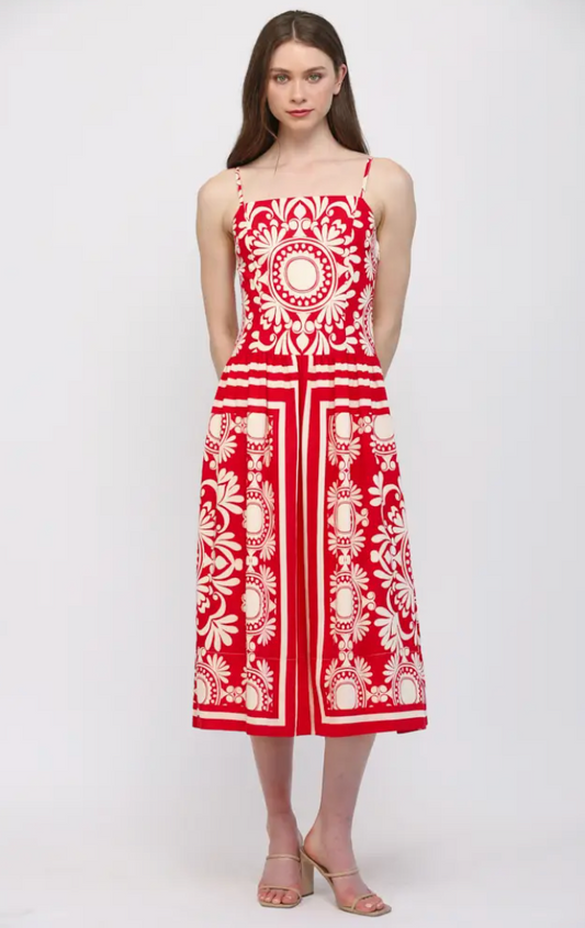 Sleeveless Fitted Bodice Gathered Wait Midi Dress - Red/Ivory