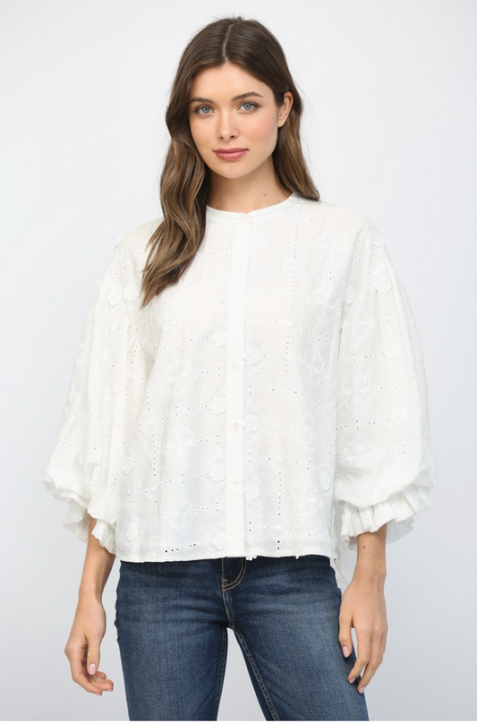 Floral Embroidery Eyelet Lace Blouse - Off White