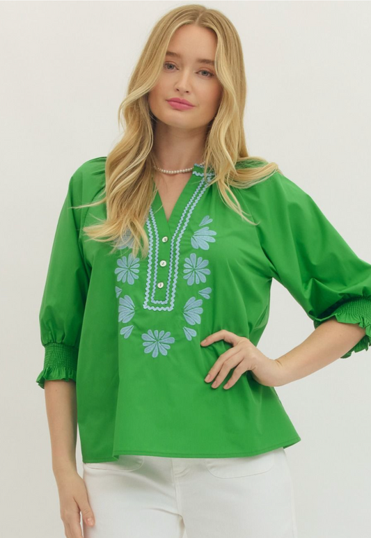 Green Embroidered Button Down Top