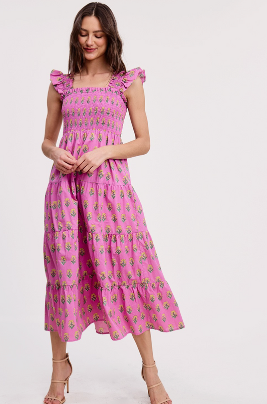 Floral Clusters Smocked Midi Dress-Orchid