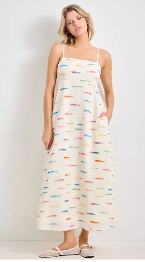 Fish Print Dress- Cream Multi