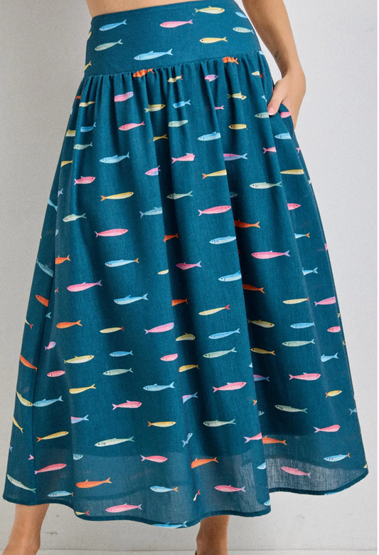 Fish Print Smocked Back Waist Midi Skirt- Navy