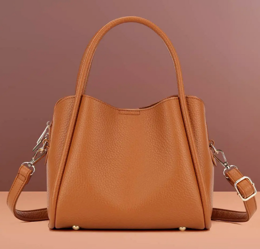 Faux Leather Top Handle Crossbody Handbag - CAMEL