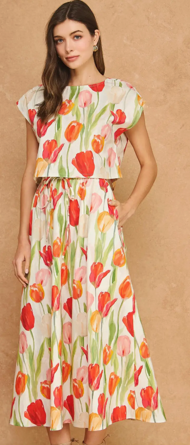 Floral Tulip Print Linen 2-piece Midi Skirt Set