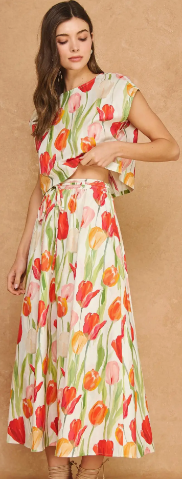 Floral Tulip Print Linen 2-piece Midi Skirt Set