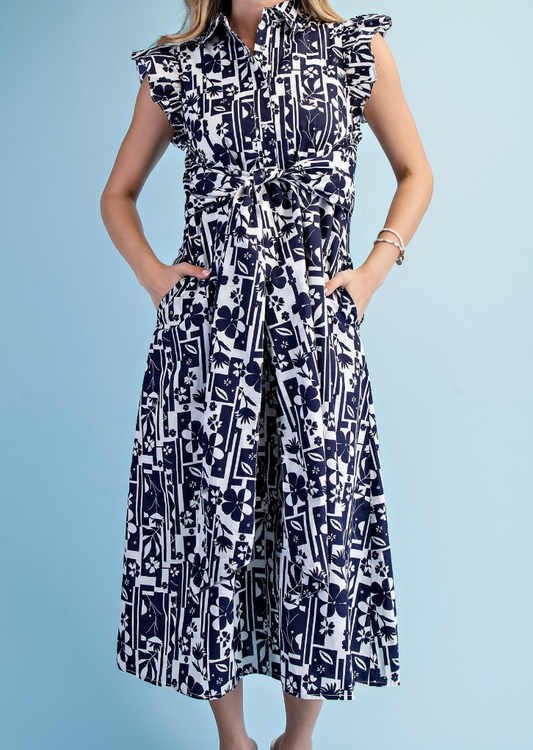 Geometric Floral Print Midi Shirt Dress- Navy