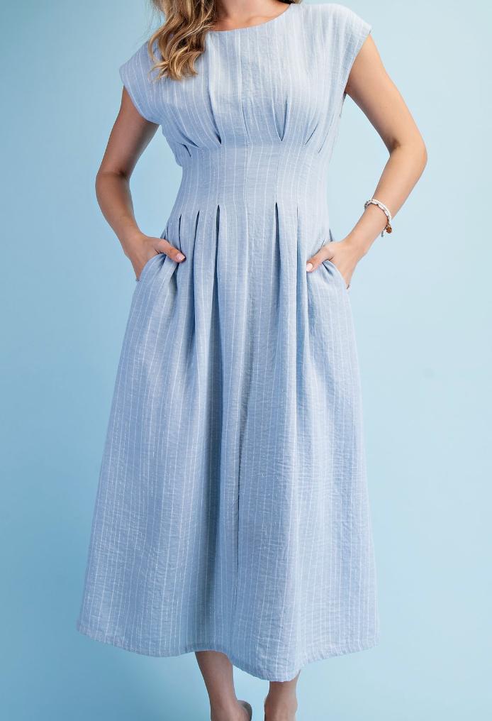 Striped Cap Sleeve Midi Dress- Baby Blue M