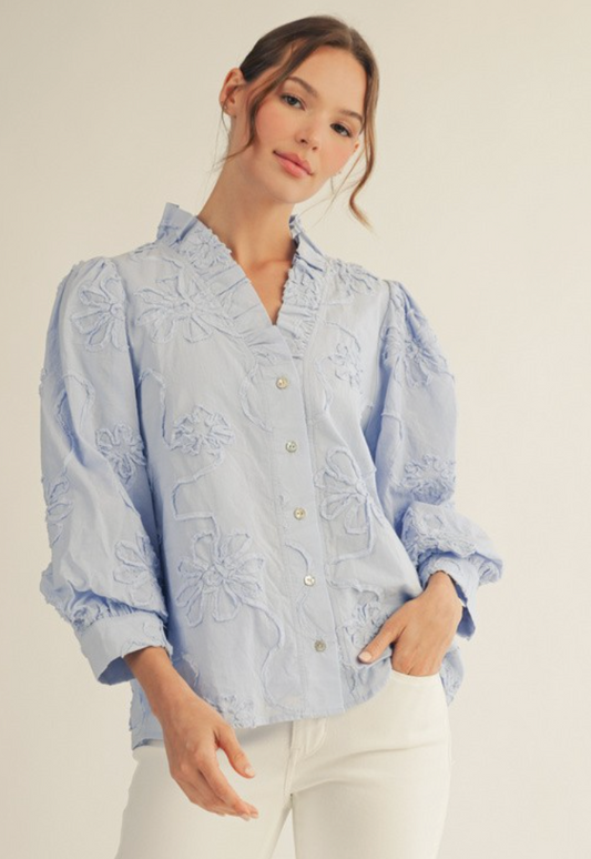 Button Down 3d Floral Top- Sky Blue